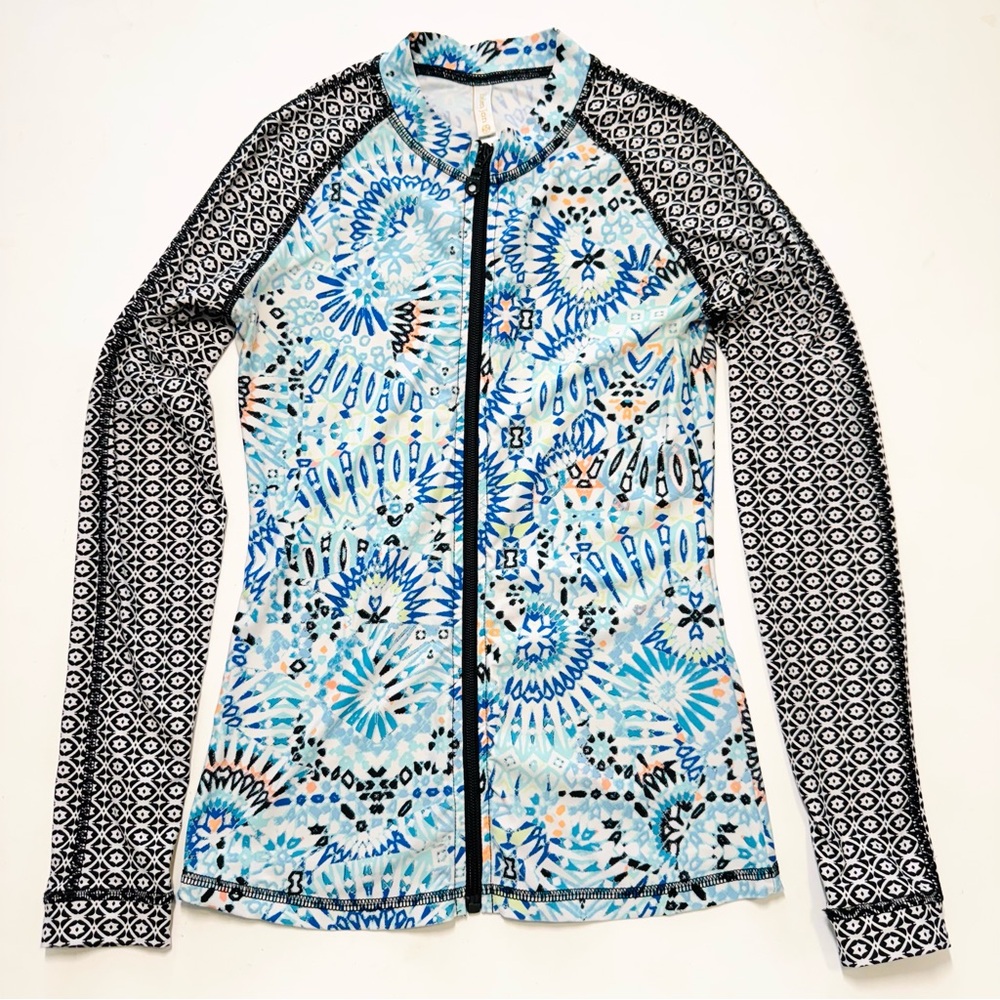 Helen Jon Surf Shirt Long Sleeve Full Zip Up Rash Guard Blue Abstract UPF 50 XS